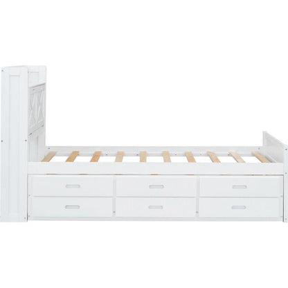 Twin Size Wooden Bed with Storage Headboard with Outlets, Extendable Bed with Twin Size Trundle with Three Storage Drawers,White