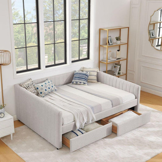 Queen Size Daybed with Two Drawers Trundle Upholstered Sofa Bed, with Vertical Stripes, Linen Fabric, Beige (86.5"x65"x30")