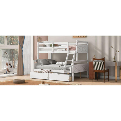 Twin over Full Bunk Bed with Ladder, Two Storage Drawers, Safety Guardrail, White