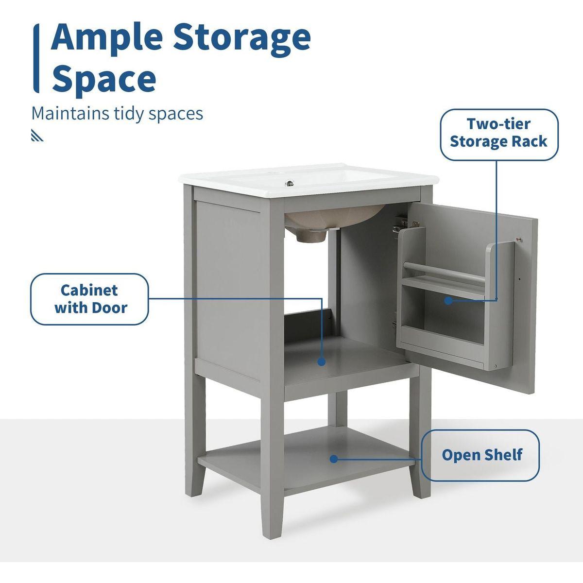 20" Bathroom Vanity with Sink, Bathroom Cabinet with Soft Closing Door, Storage Rack and Open Shelf, Grey