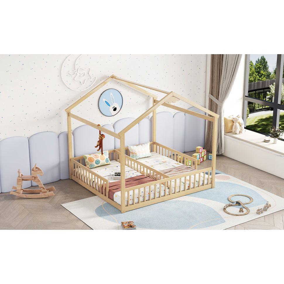 Double Twin House-Style Floor Bed with Fence, Guardrails, without door, Natural