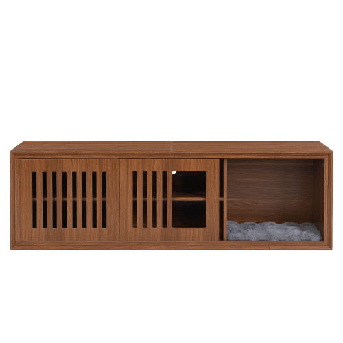 Mid-Century Modern 2 in 1 PET FRIENDLY  Walnut TV Stand With Extendable table Soft cushion Sliding door Cat friendly furniture