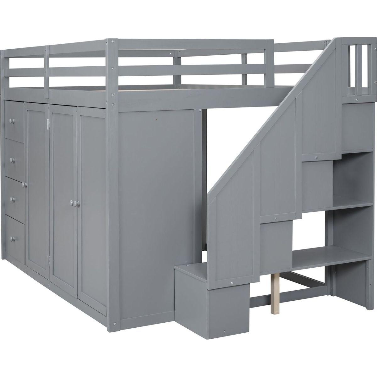 Full Size Wood Loft Bed With Built-in Wardrobes, Cabinets and Drawers, Gray