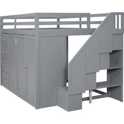 Full Size Wood Loft Bed With Built-in Wardrobes, Cabinets and Drawers, Gray
