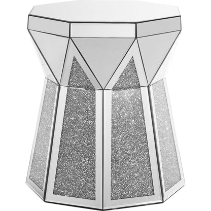 Drum style coffee table with mirror crystal inlay, polygonal silver decorative table, modern design luxury modern furniture, 20 inch (about 50 centimeters) low coffee table, suitable for living room