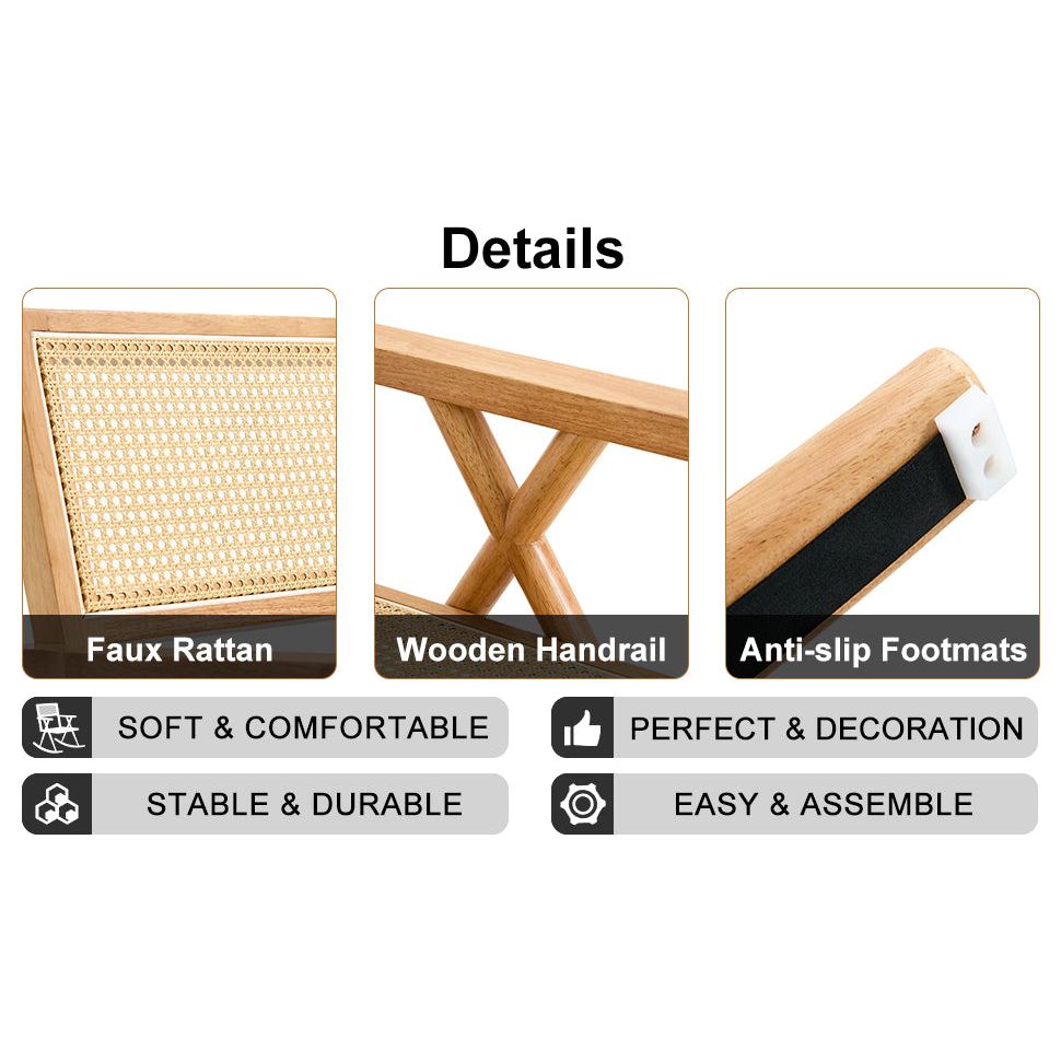 Solid wood+imitation rattan rocking chair allows you to relax quietly indoors and outdoors, enhancing your sense of relaxation, suitable for balconies, gardens, and camping sites