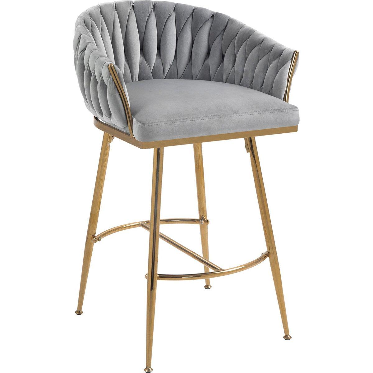 26" Counter height bar stools Set of 2,velvet kitchen island counter bar stool with hand- wave back,golden chromed base and foot rest(GREY)