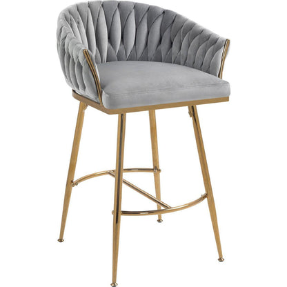 26" Counter height bar stools Set of 2,velvet kitchen island counter bar stool with hand- wave back,golden chromed base and foot rest(GREY)