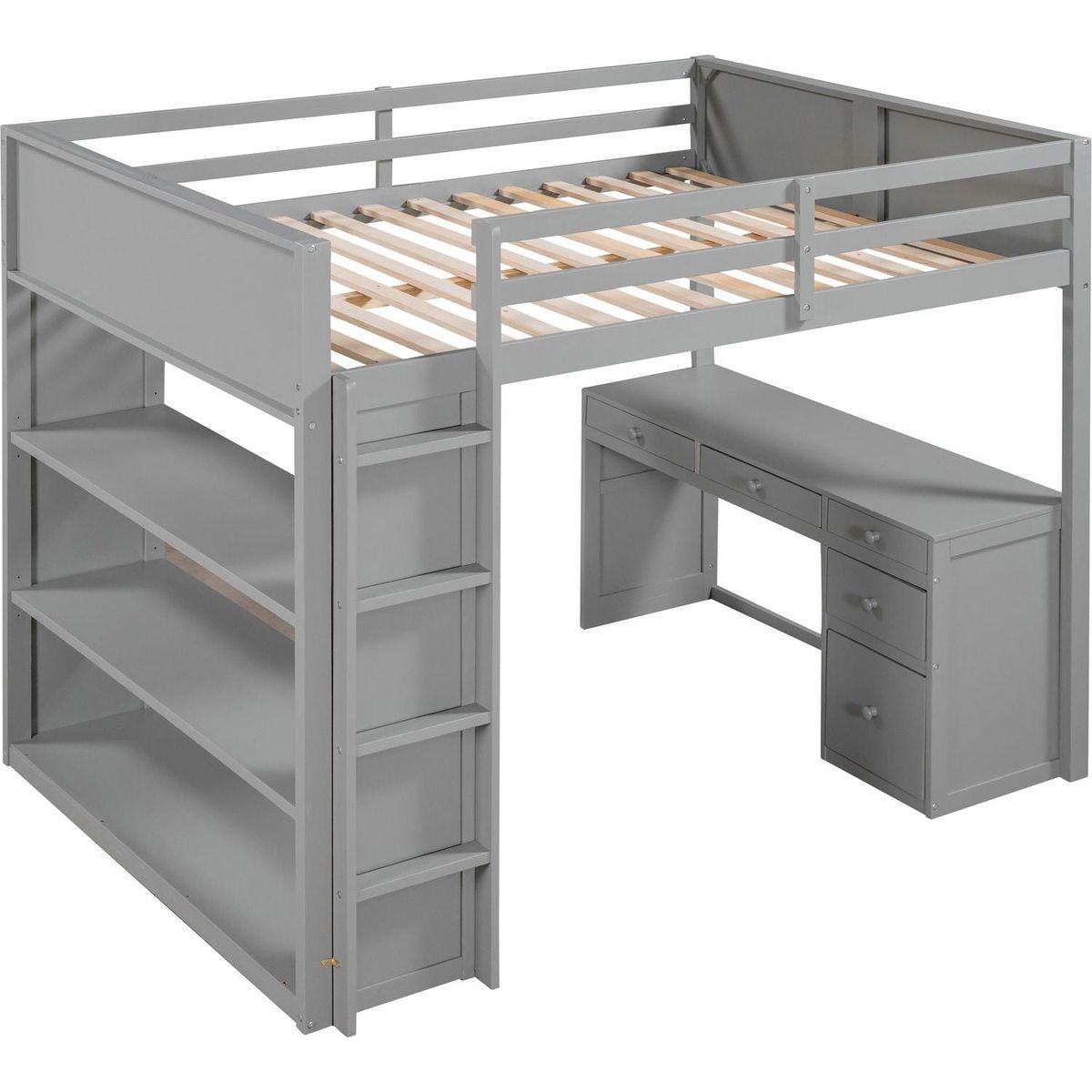 Full Size Loft Bed with Ladder, Shelves, and Desk, Gray