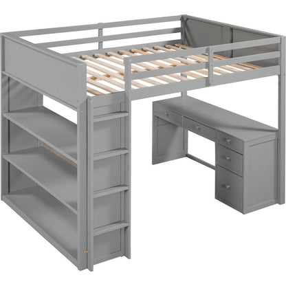 Full Size Loft Bed with Ladder, Shelves, and Desk, Gray