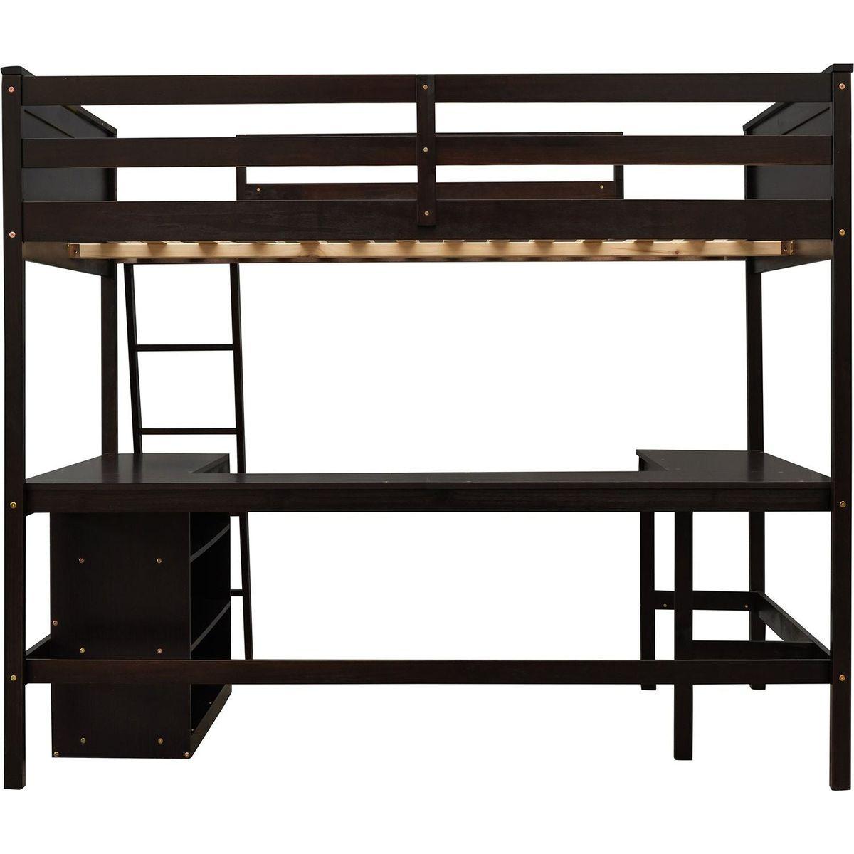 Full size Loft Bed with Shelves and Desk, Wooden Loft Bed with Desk - Espresso