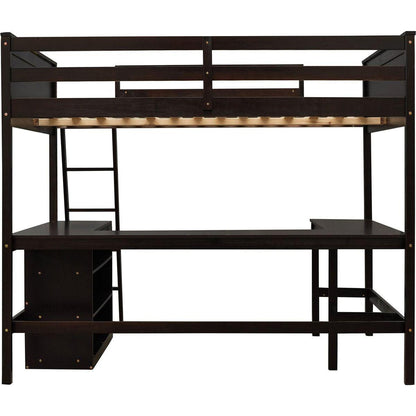 Full size Loft Bed with Shelves and Desk, Wooden Loft Bed with Desk - Espresso