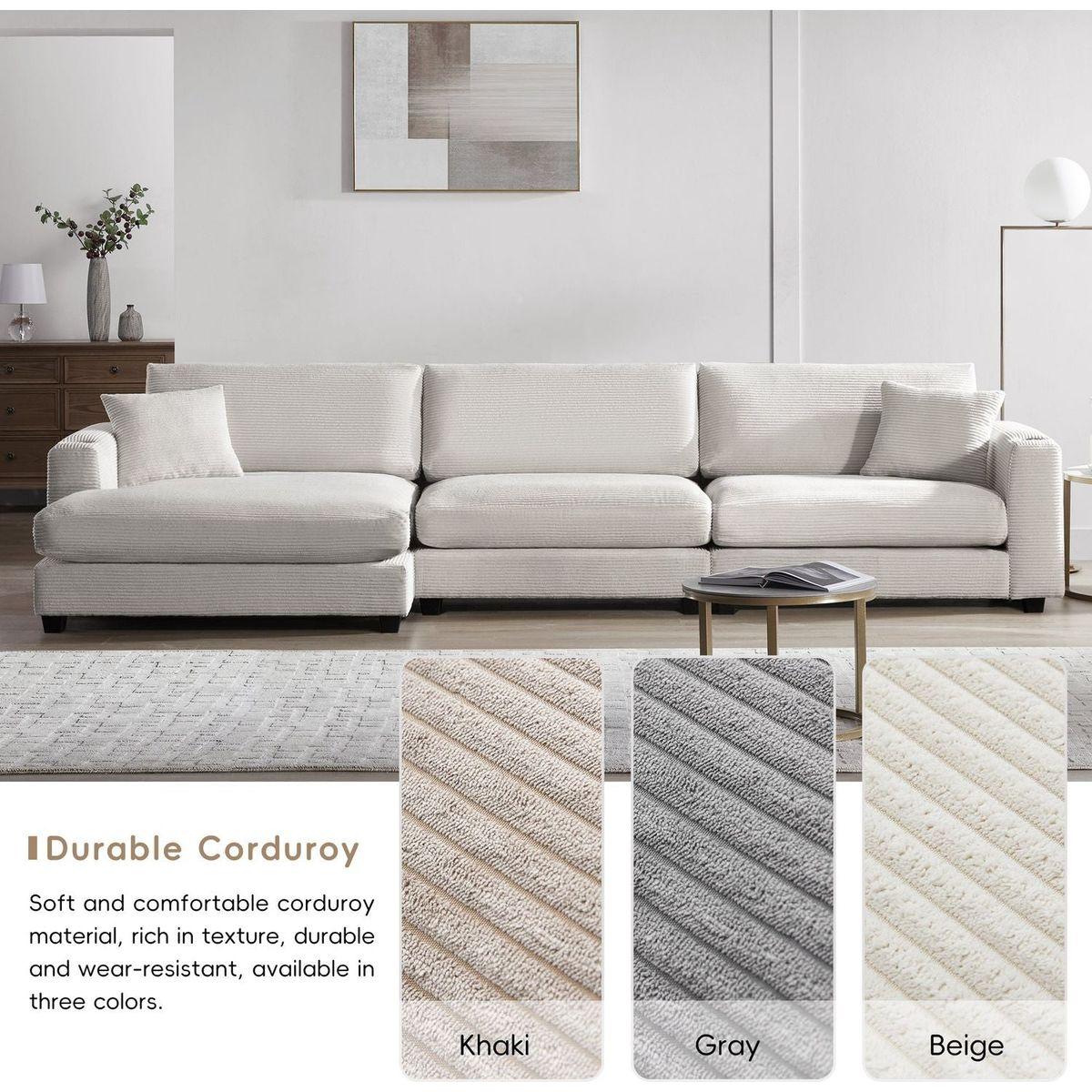 134x54"Oversized Corduroy Sectional Sofa,L Shaped Cloud Couch with USB Charging Port,Cup Holder,Deep Seat Sofa Bed with 50" Chaise,Comfy Indoor Furniture for Living Room,3 Colors