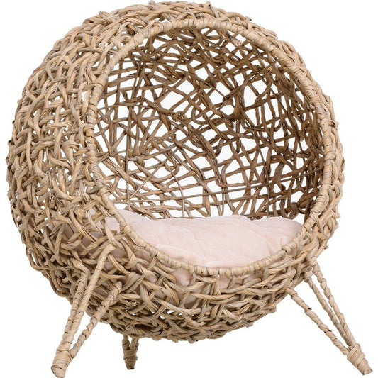 20.5" Weaved Cat Bed, Elevated Hand-woven Braided Banana Leaf Kitten House Condo with Cushion, Beige