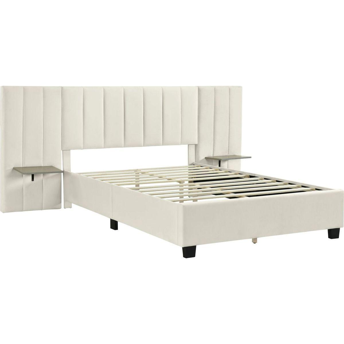 Queen Size Upholstered Platform Bed with Big Headboard, Bedroom Furniture, Velvet, Beige