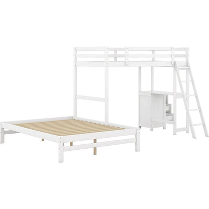 Twin over Full Bunk Bed with Built-in Desk and Three Drawers,White