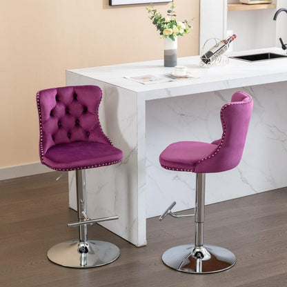 Swivel Velvet Barstools Adjusatble Seat Height from 25-33 Inch, Chrome base Bar Stools with Backs Comfortable Tufted for Home Pub and Kitchen Island, Purple,Set of 2