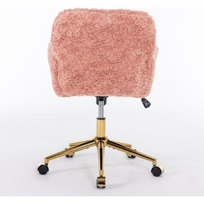 Office Chair,Artificial rabbit hair Home Office Chair with Golden Metal Base,Adjustable Desk Chair Swivel Office Chair,Vanity Chair(Pink)