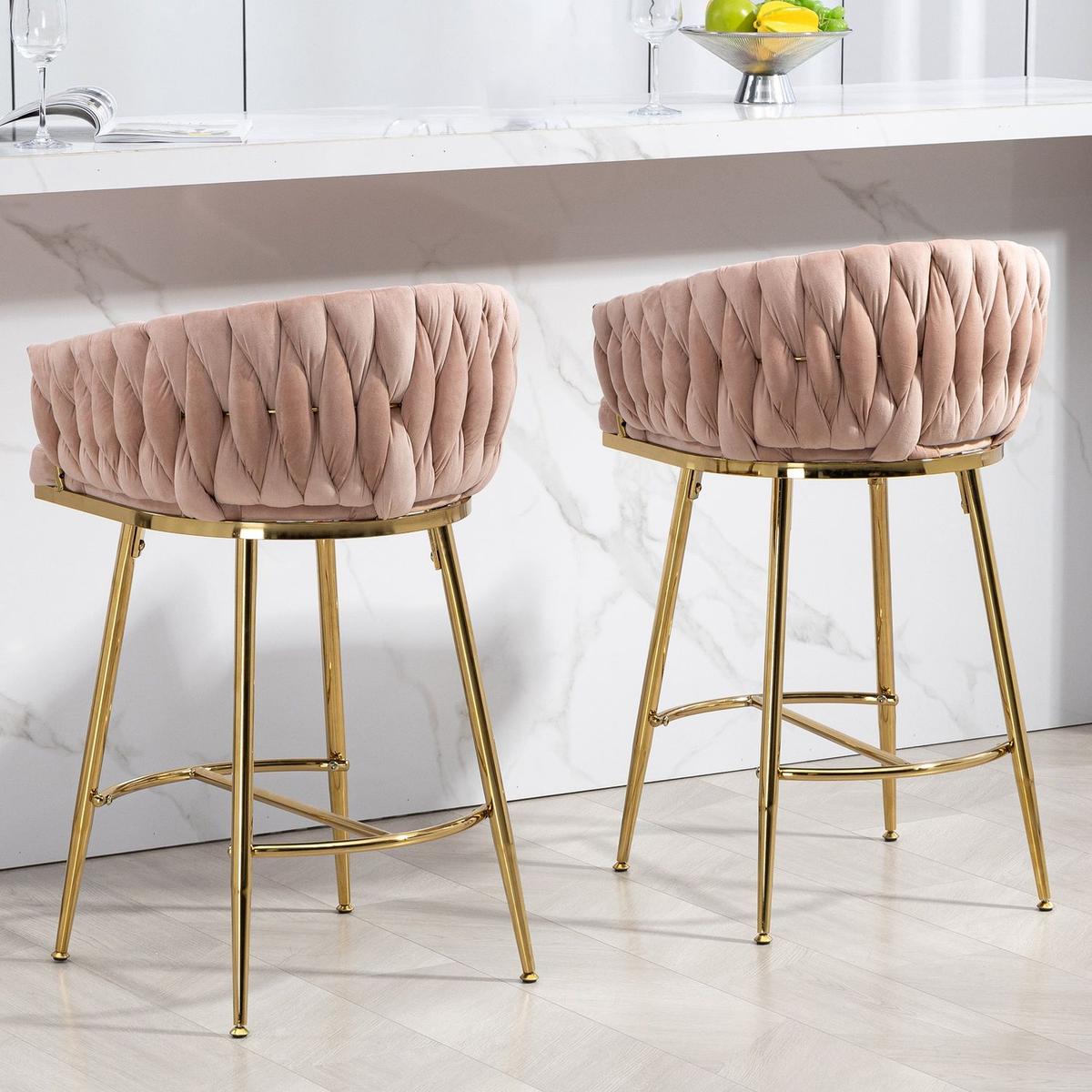 26" Counter height bar stools Set of 2 kitchen island counter bar stool with hand- wave back,golden chromed base and footrest(PINK)