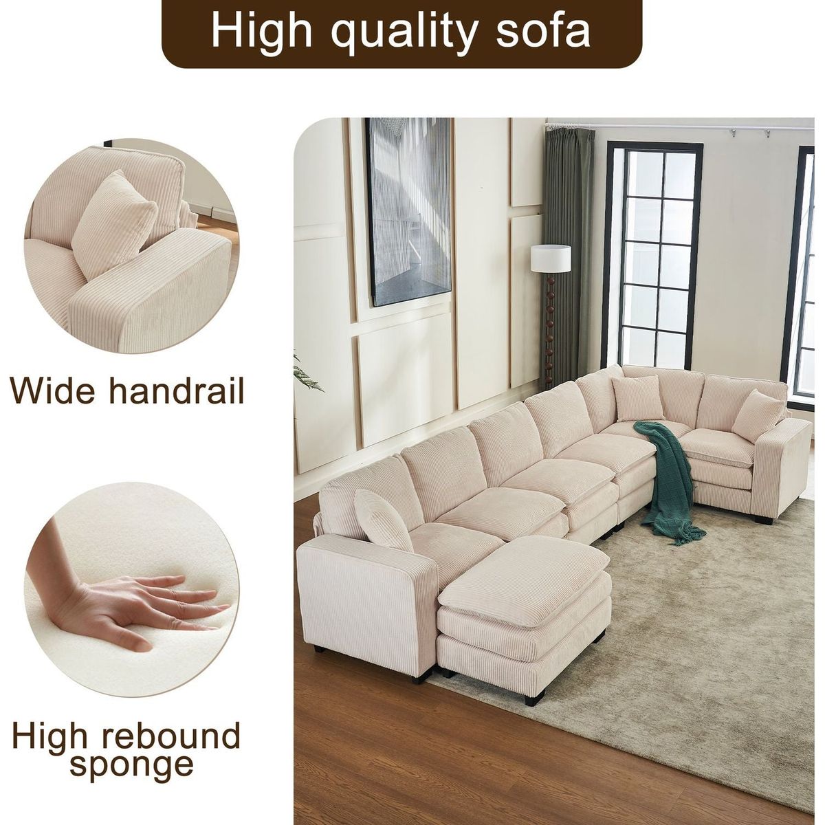 Modern U Shaped 6-seat Sectional Sofa Couch with one Ottoman and three toss pillows, Modular Sofa for Living Room,Corduroy sofa