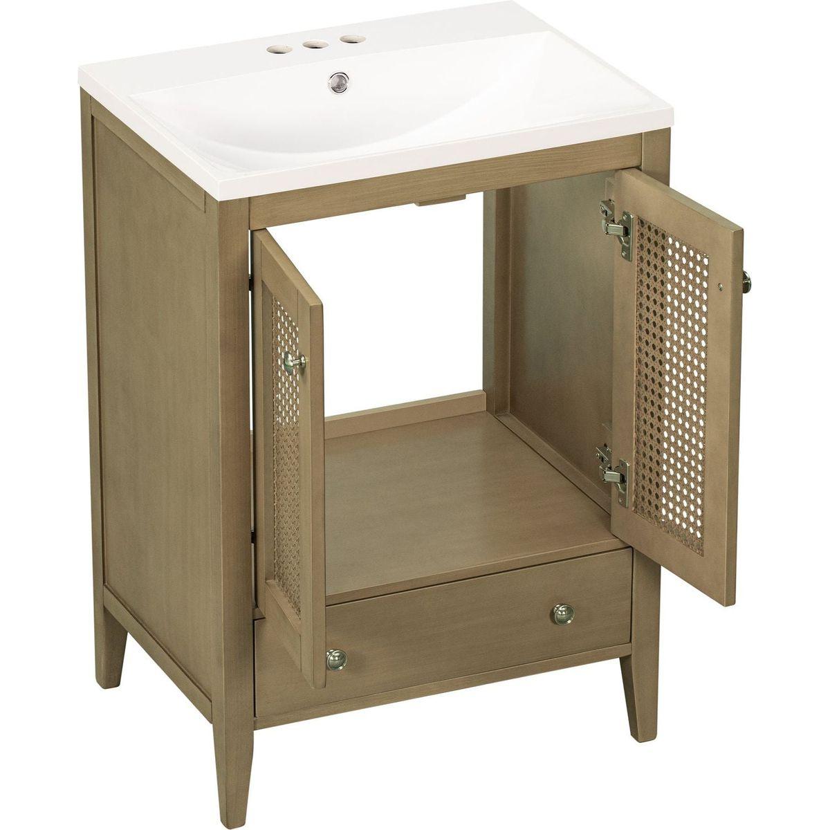 24" Bathroom Vanity with Ceramic Basin, Rattan Bathroom Storage Cabinet with Two Doors and Drawer, Solid Frame, Natural