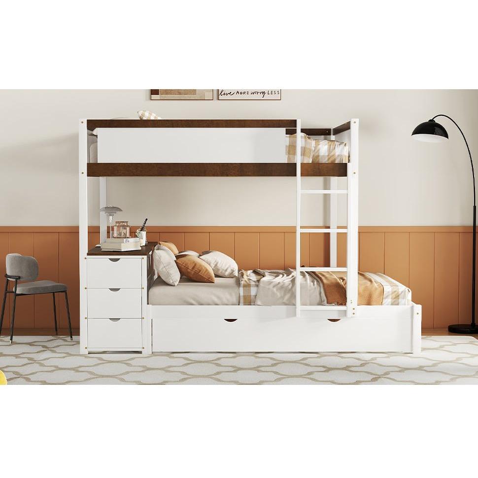 Full-Over-Full Bunk Bed with Twin size Trundle, Storage and Desk, White+Walnut