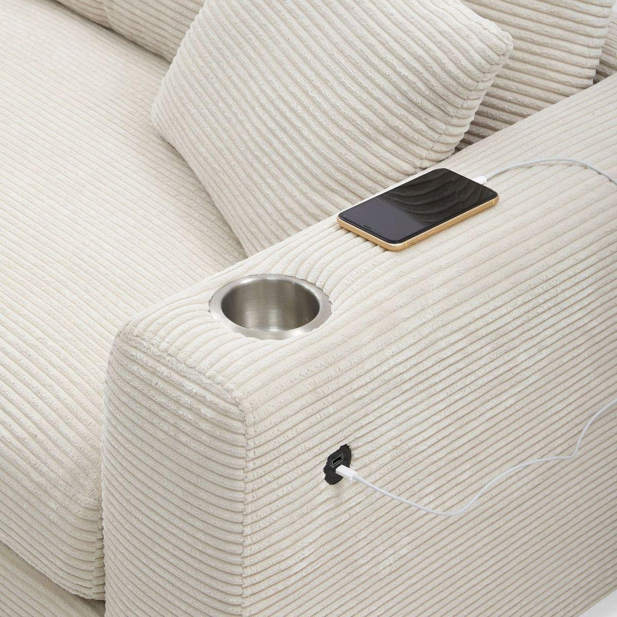 134x54"Oversized Corduroy Sectional Sofa,L Shaped Cloud Couch with USB Charging Port,Cup Holder,Deep Seat Sofa Bed with 50" Chaise,Comfy Indoor Furniture for Living Room,3 Colors