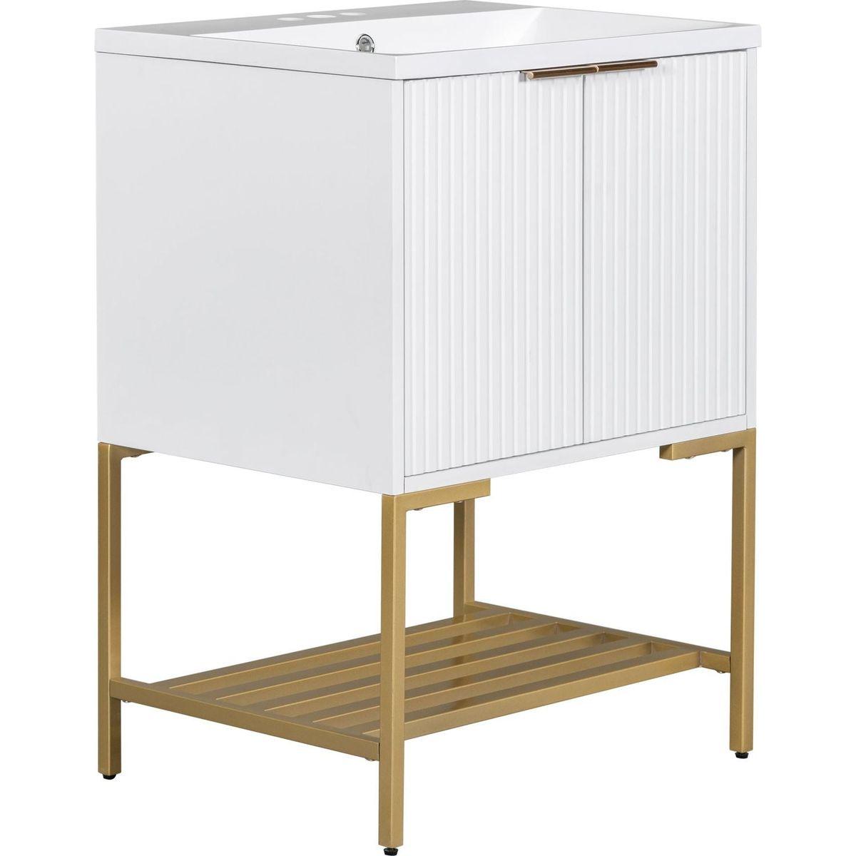 24" Bathroom Vanity with Sink, Bathroom Vanity Cabinet with Two Doors and Gold Metal Frame, Open Storage Shelf, White