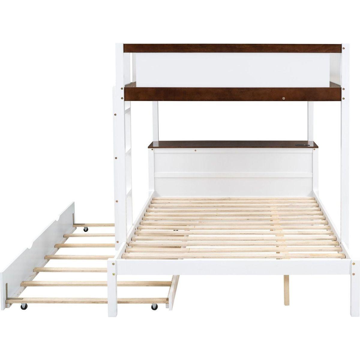Full-Over-Full Bunk Bed with Twin size Trundle, Storage and Desk, White+Walnut