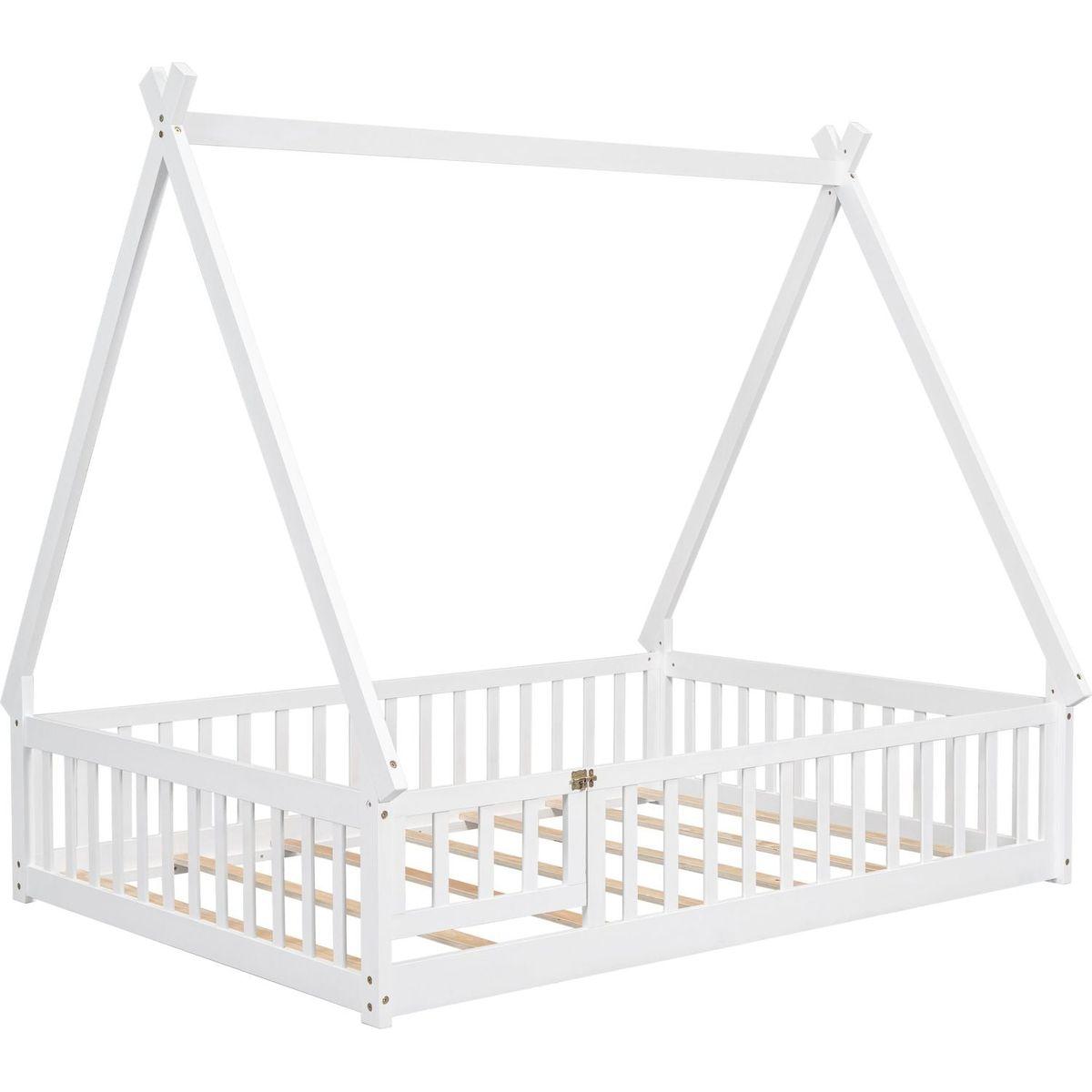 Full Tent-shaped Floor Bed, with Guardrails, Slats, Door, White