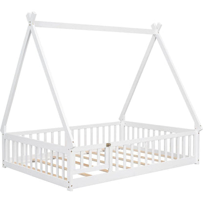 Full Tent-shaped Floor Bed, with Guardrails, Slats, Door, White