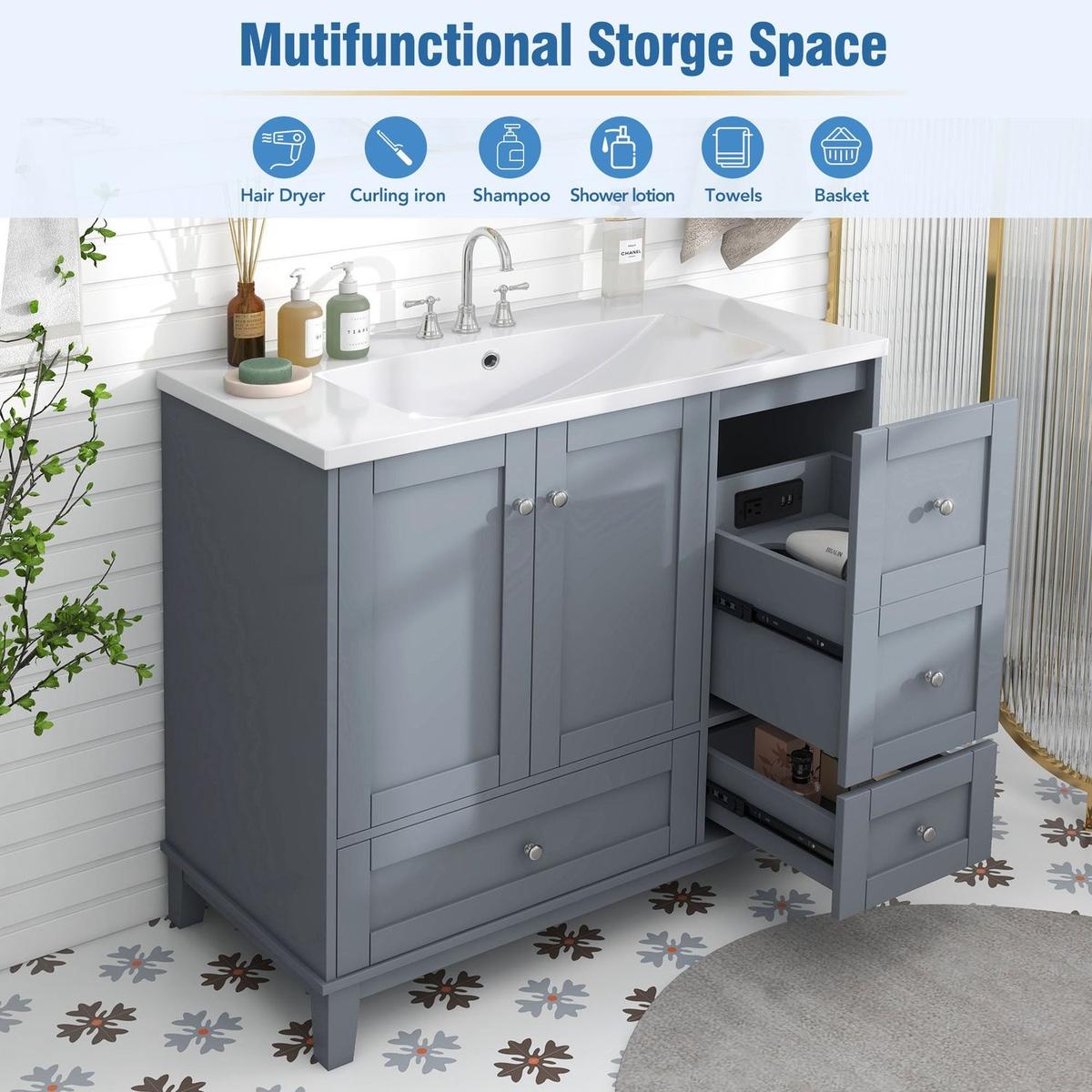 36 Inch Modern Bathroom Vanity with USB Charging, Two Doors and Three Drawers Bathroom Storage Vanity Cabinet with single top, Small Bathroom Vanity cabinet with sink, White & Gray Blue - Faucets Not