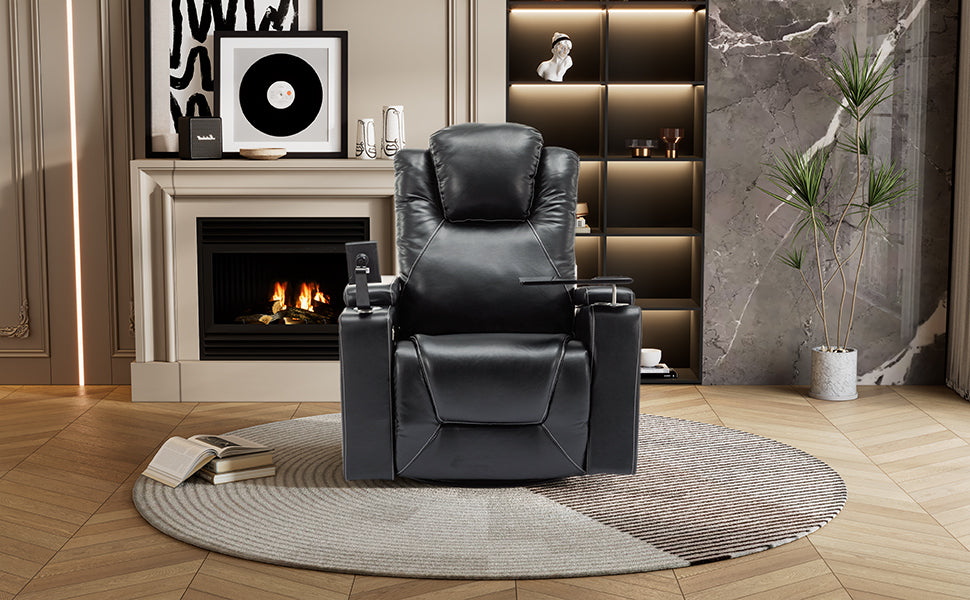 270 Degree Swivel PU Leather Power Recliner Individual Seat Home Theater Recliner with Surround Sound, Cup Holder, Removable Tray Table, Hidden Arm Storage for Living Room, Black