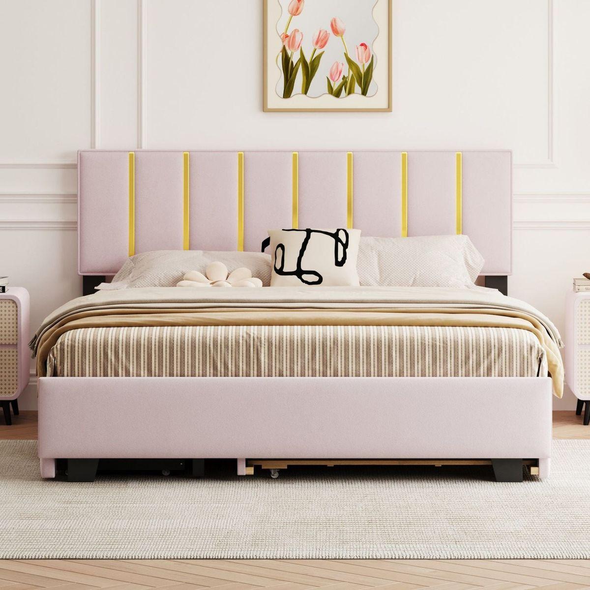 Queen Size Upholstered Platform Bed with 2 Drawers and 1 Trundle, Classic Metal Strip Headboard Design, Pink