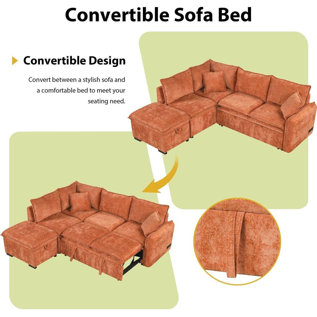 82.67"Convertible Sofa Bed Sectional Sofa Sleeper L-shaped Sofa with a Storage Ottoman,Two Pillows, Two Power Sockets and Two USB Ports for Living Room, Orange