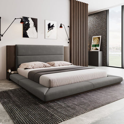 Floor Upholstered Platform Bed with Extended Wood Headboard & Bedside Shelf,No Box Spring Needed,King Size,Gray