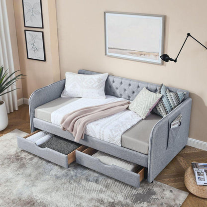 Twin Size Upholstery Daybed with Trundle Bed and Two Storage Drawers , Flat Arms with Pocket, Extendable Daybed for Bedroom Living Room,Linen Grey