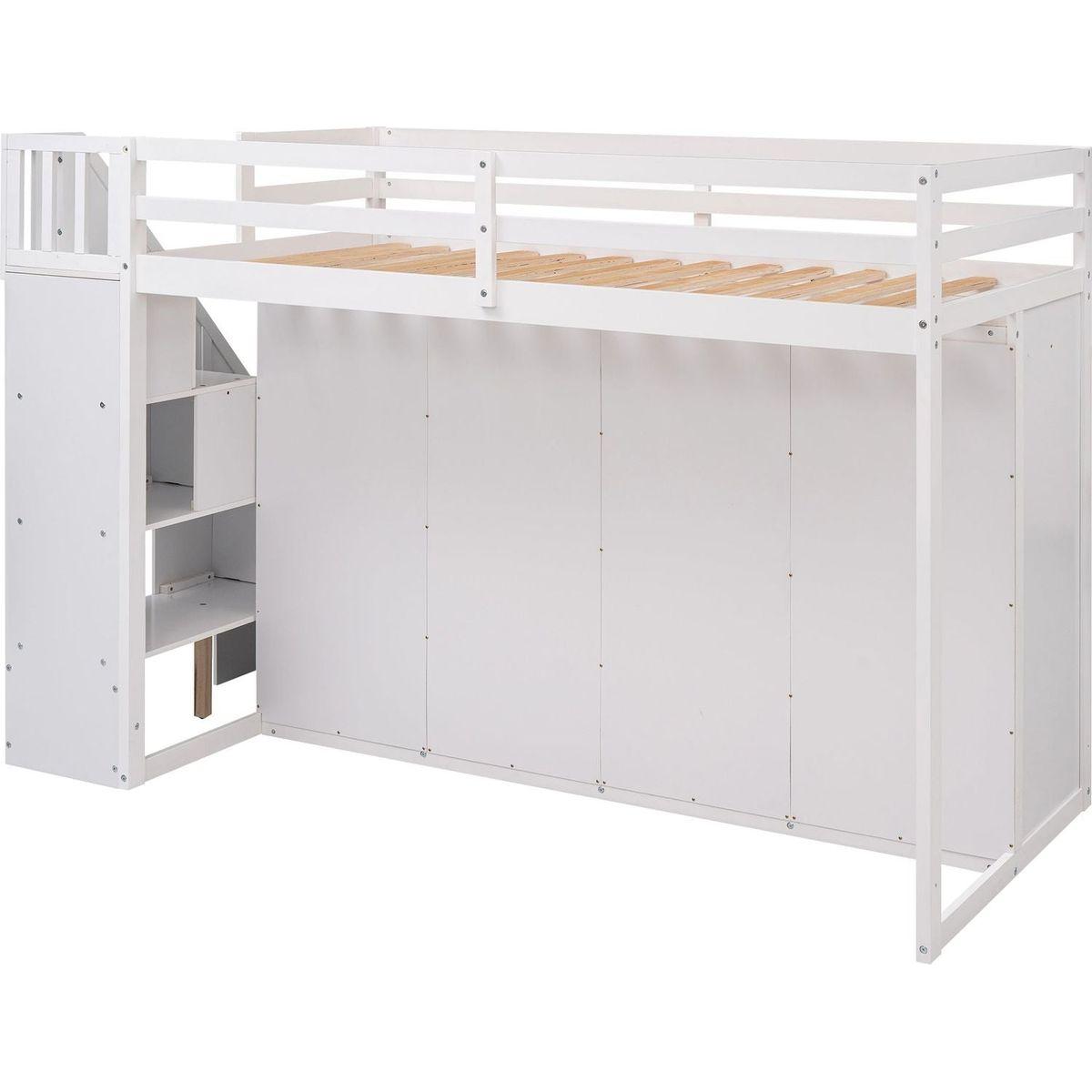 Functional Loft Bed with 3 Shelves, 2 Wardrobes and 2 Drawers, Ladder with Storage, No Box Spring Needed, White