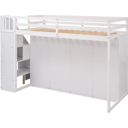 Functional Loft Bed with 3 Shelves, 2 Wardrobes and 2 Drawers, Ladder with Storage, No Box Spring Needed, White