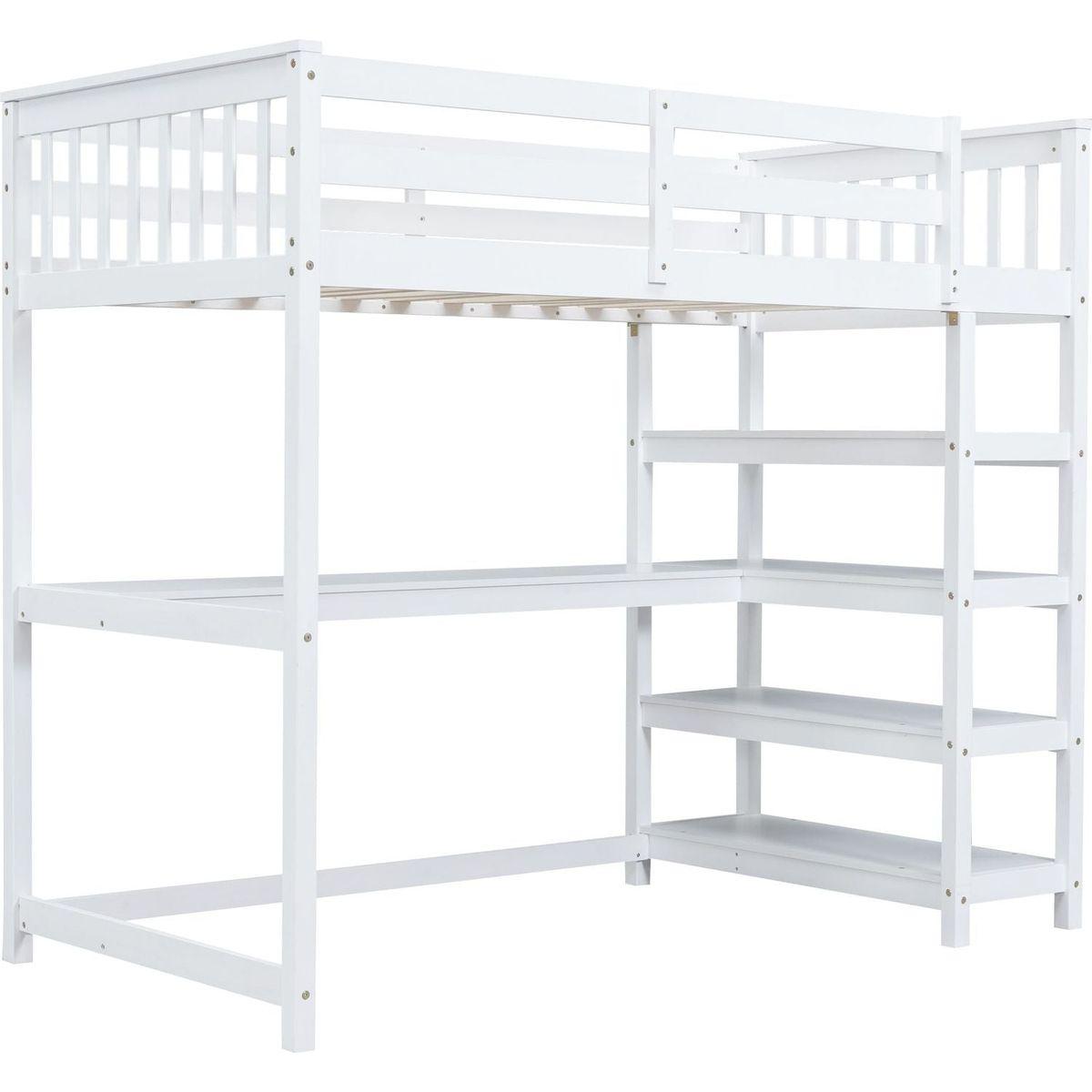 Twin Size Loft Bed with Storage Shelves and Under-bed Desk, White