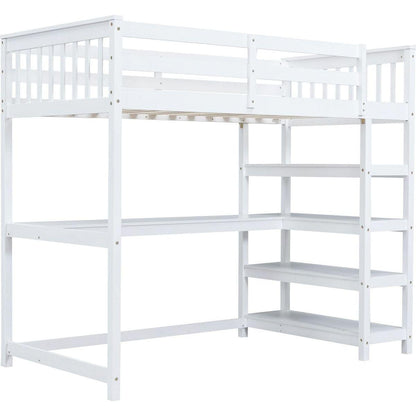Twin Size Loft Bed with Storage Shelves and Under-bed Desk, White