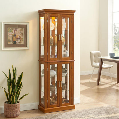 Curio Cabinet Lighted Curio Diapaly Cabinet with Adjustable Shelves and Mirrored Back Panel, Tempered Glass Doors (OAK, 6 Tier), (E26 light bulb not included)