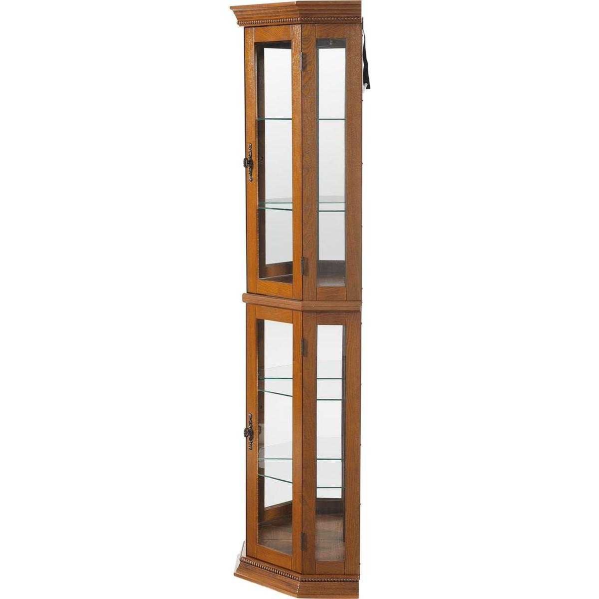 Corner Curio Cabinet with Lights, Adjustable Tempered Glass Shelves, Mirrored Back, Display Cabinet,Oak (E26 light bulb not included)