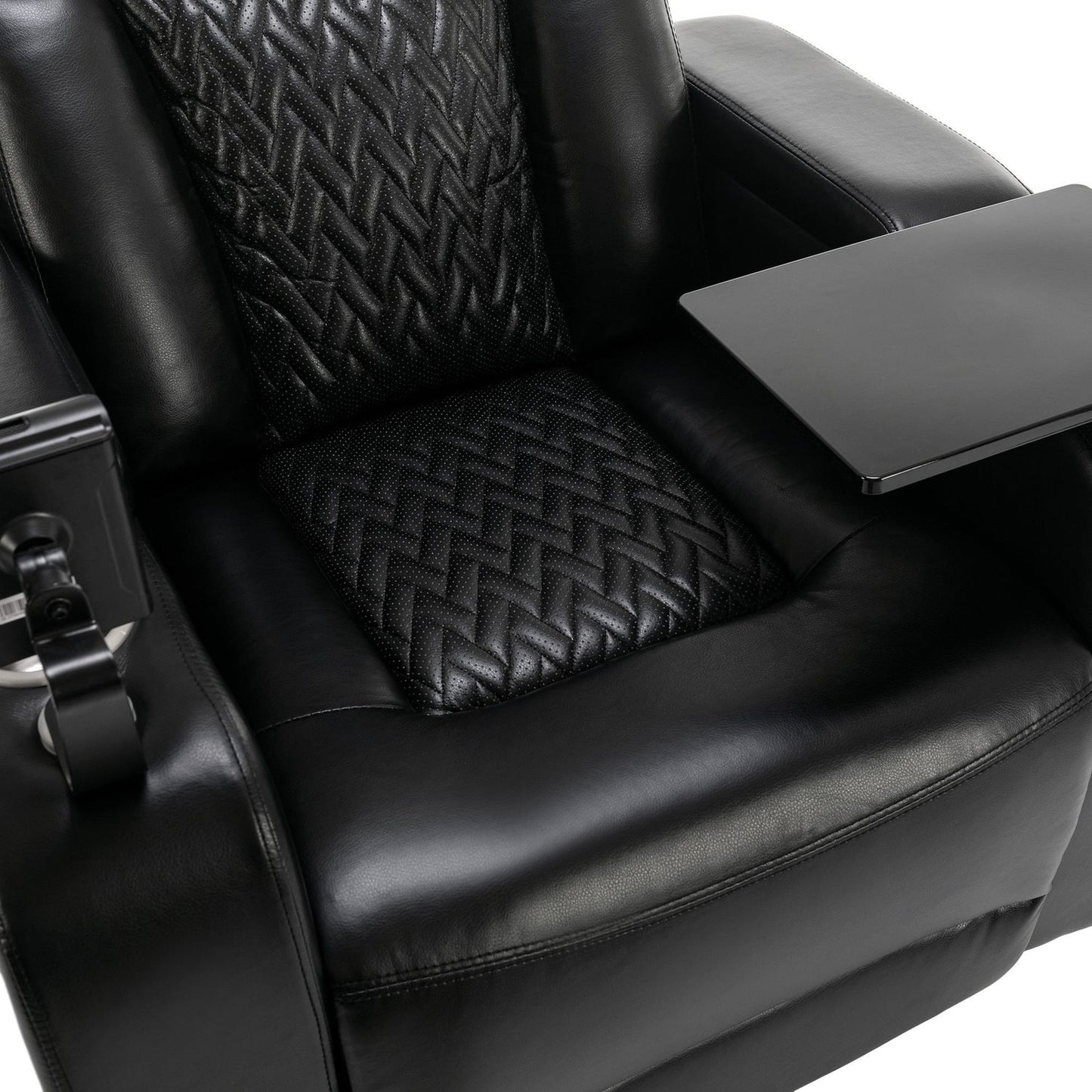 270 Degree Swivel PU Leather Power Recliner Individual Seat Home Theater Recliner with Comforable Backrest, Tray Table, Phone Holder, Cup Holder, USB Port, Hidden Arm Storage for Living Room, Black