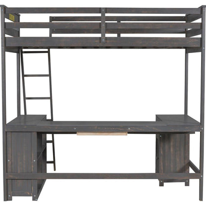 Twin Size Loft Bed with U-shaped Desk, Drawers and Storage Shelves, Antique Brown