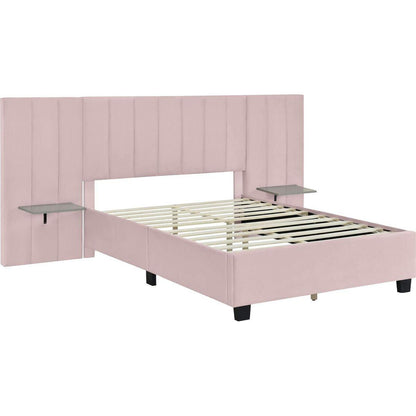 Full Size Upholstered Platform Bed with Big Headboard, Bedroom Furniture, Velvet, Pink