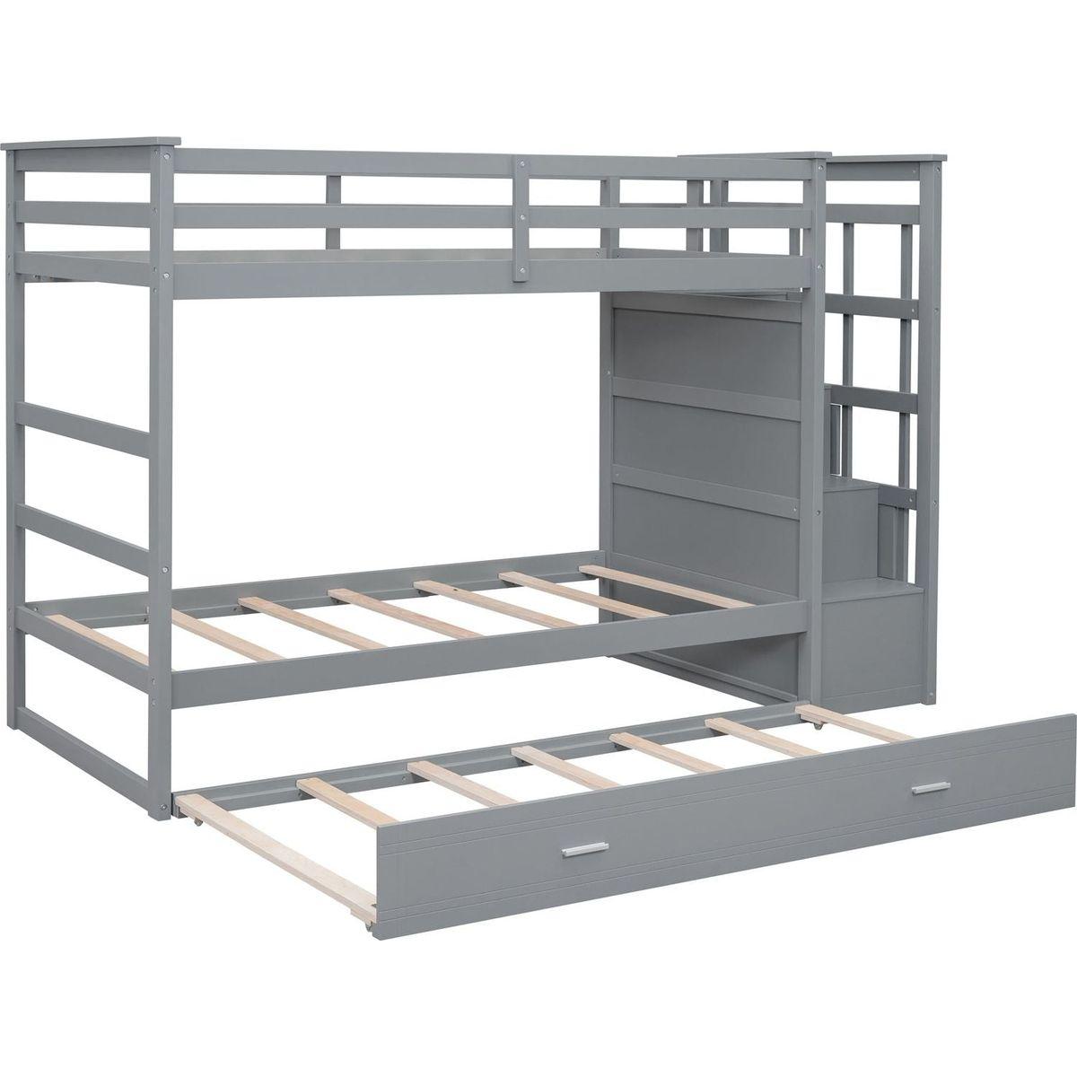 Twin Over Twin Bunk Bed with Trundle and Staircase,Gray