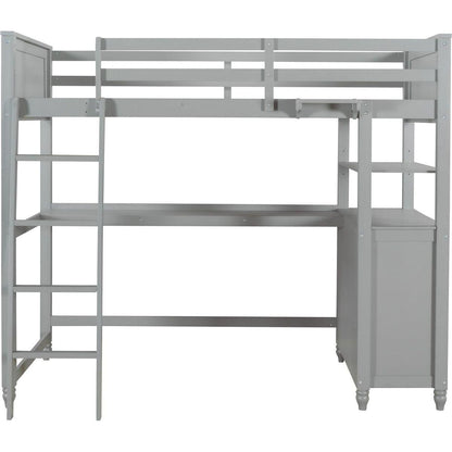 Twin size Loft Bed with Drawers and Desk, Wooden Loft Bed with Shelves - Gray