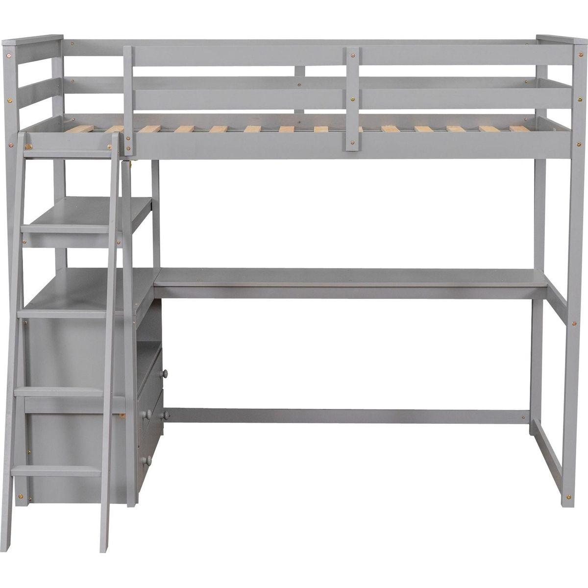 Twin Size Loft Bed with Desk and Shelves, Two Built-in Drawers, Gray