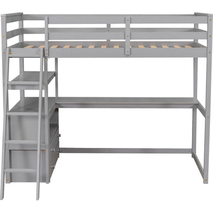 Twin Size Loft Bed with Desk and Shelves, Two Built-in Drawers, Gray
